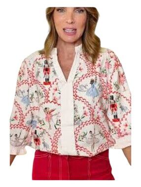 Cherry Betty Womens Colorful Holiday Nutcracker Mixed Print Ruffled Blouse XL